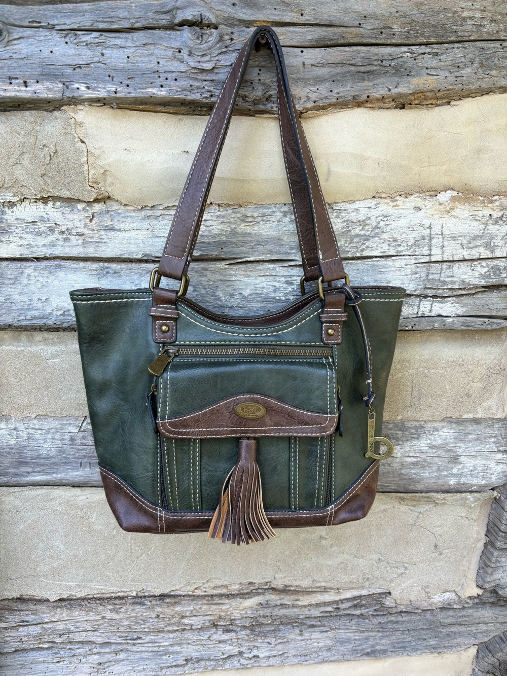 B.O.C. Olive Green and Brown Leather Tote/Shoulder Bag with tassel front pocket.